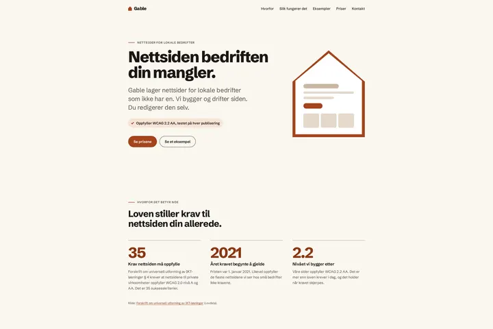 Forsiden til Gable på gable.no: overskriften «Nettsiden bedriften din mangler.», teksten om at Gable bygger og drifter siden, og en tegning av et hus med en nettside inni.